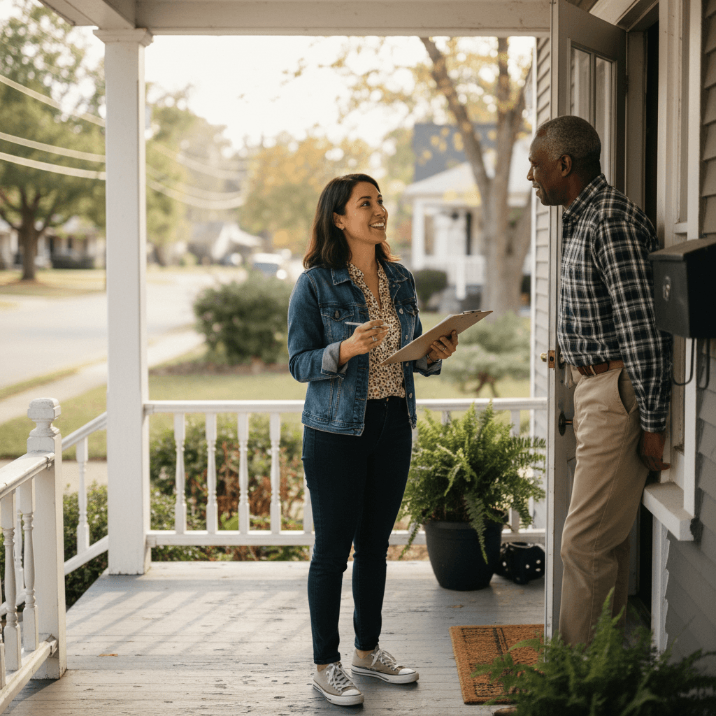 Professional canvasser conducting door-to-door outreach with homeowner