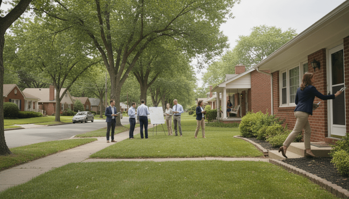 Professional canvassing team conducting door-to-door outreach in a residential neighborhood