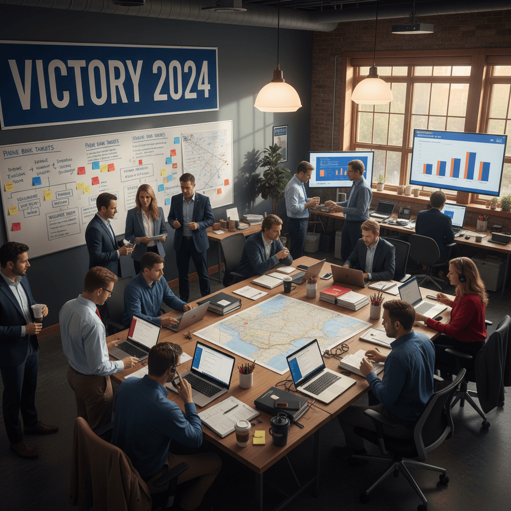 A dynamic energetic aesthetic wide shot of a campaign field office or war room