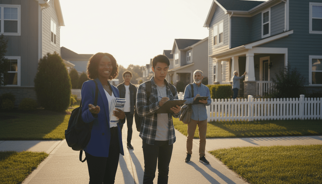 Professional canvassing team conducting door-to-door outreach on a residential street