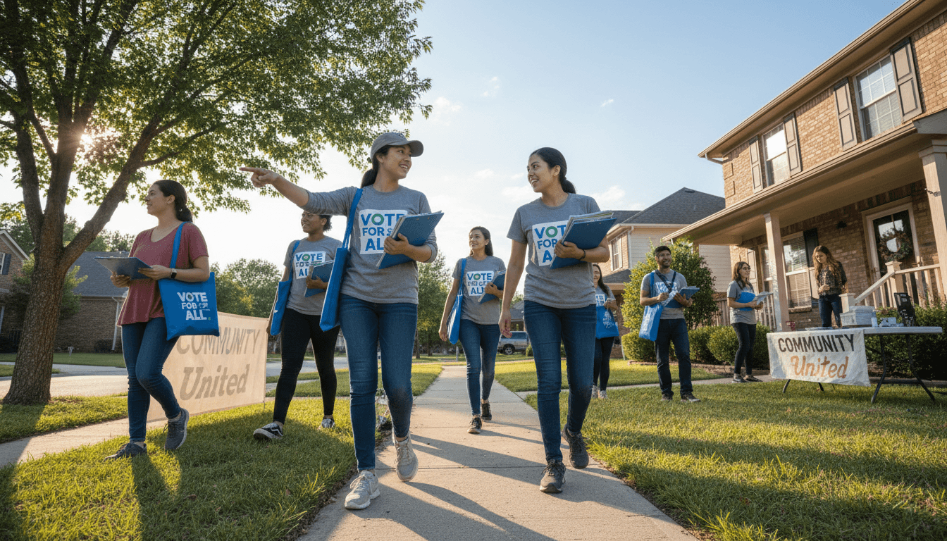 Diverse team of canvassers conducting door-to-door voter outreach in a residential neighborhood