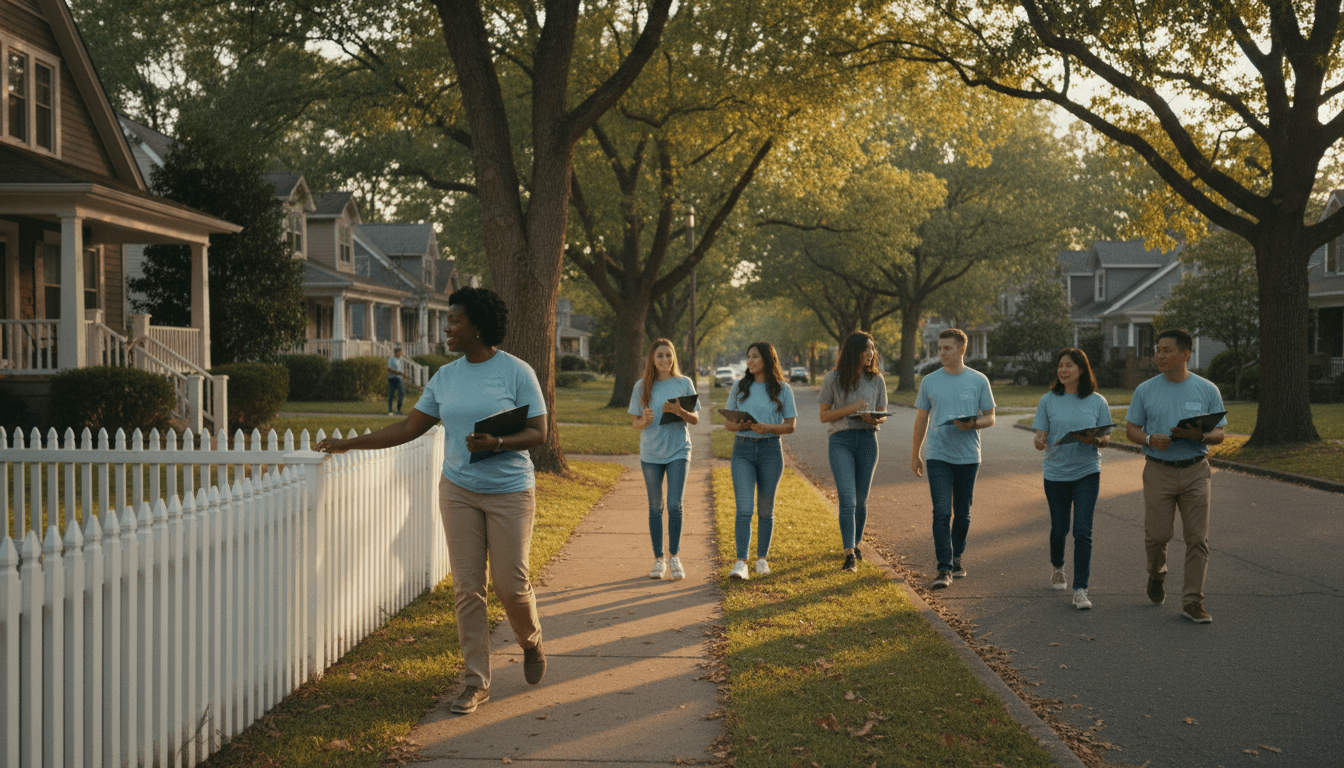 Diverse team of political canvassers walking down a residential street during daytime, engaging voters across multiple properties